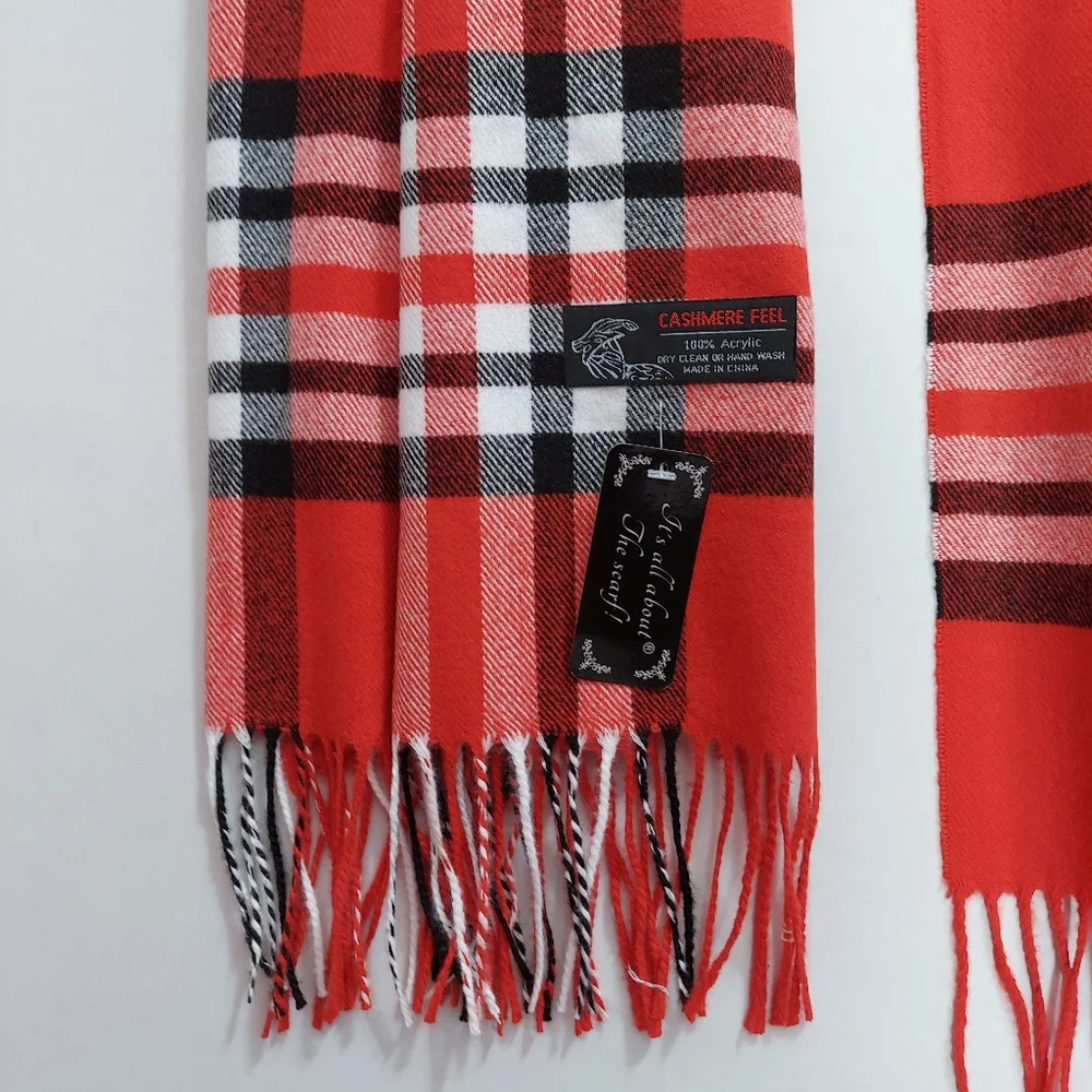 Cashmere Feel Red Plaid Scarf 100% Acrylic Soft Fringe Tartan Wrap Blanket NWT